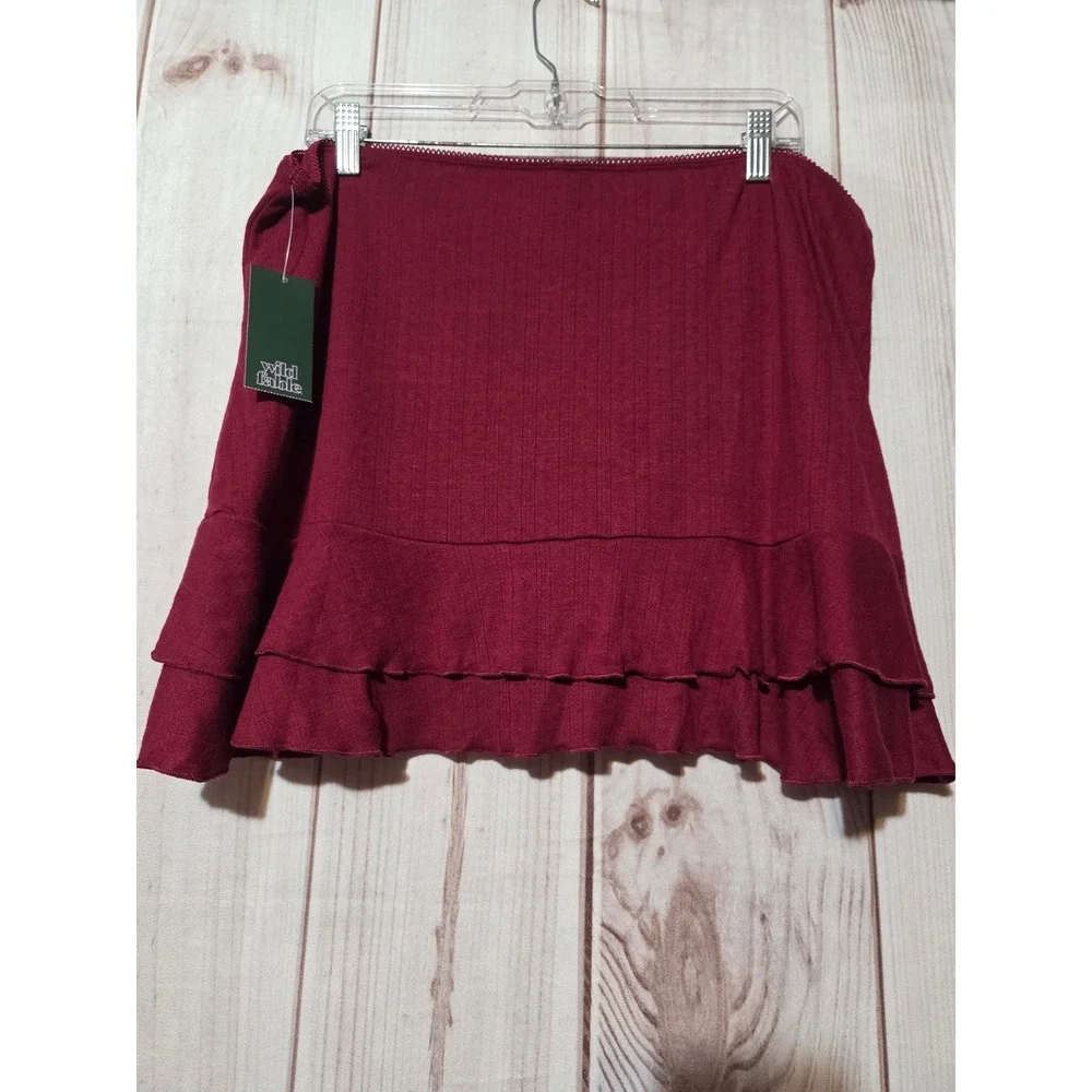 Wild Fable Burgundy Ribbed Ruffle Mini Skirt XXL NWT Wine Red Tiered Knit Bow